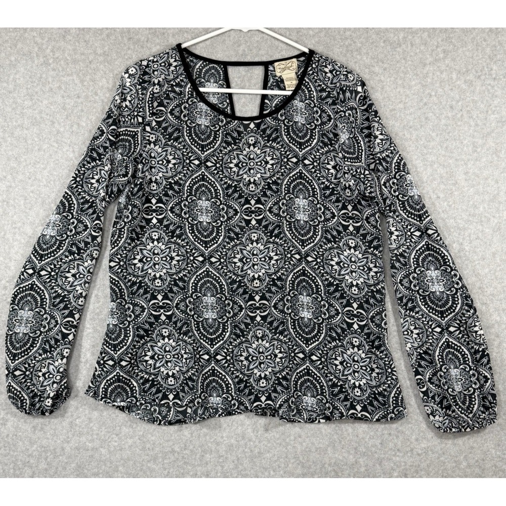 Eyelash Couture Top Women's Size Medium Black Print‎ Scoop Neck Teardrop in Back